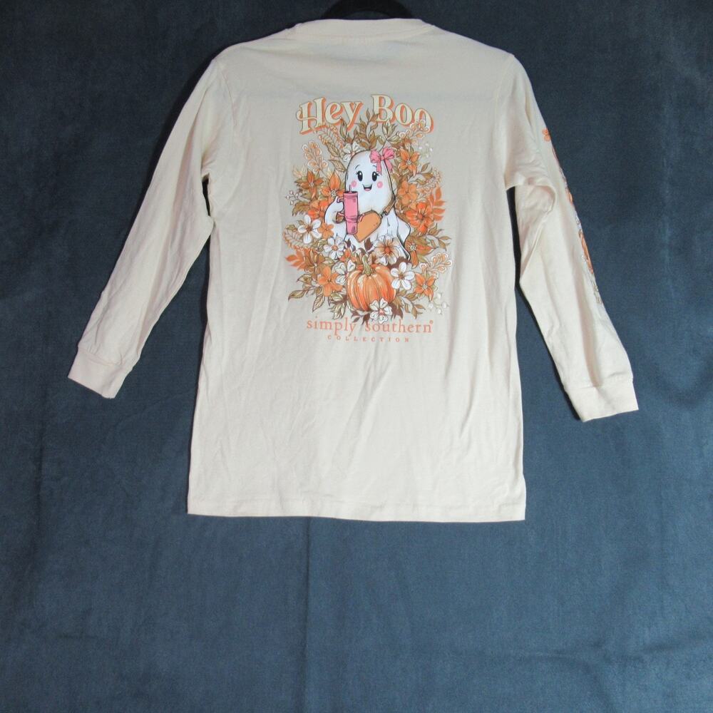 Simply Southern T Shirt Youth Medium Tan Long Sleeve Tee Autumn Halloween Ghost